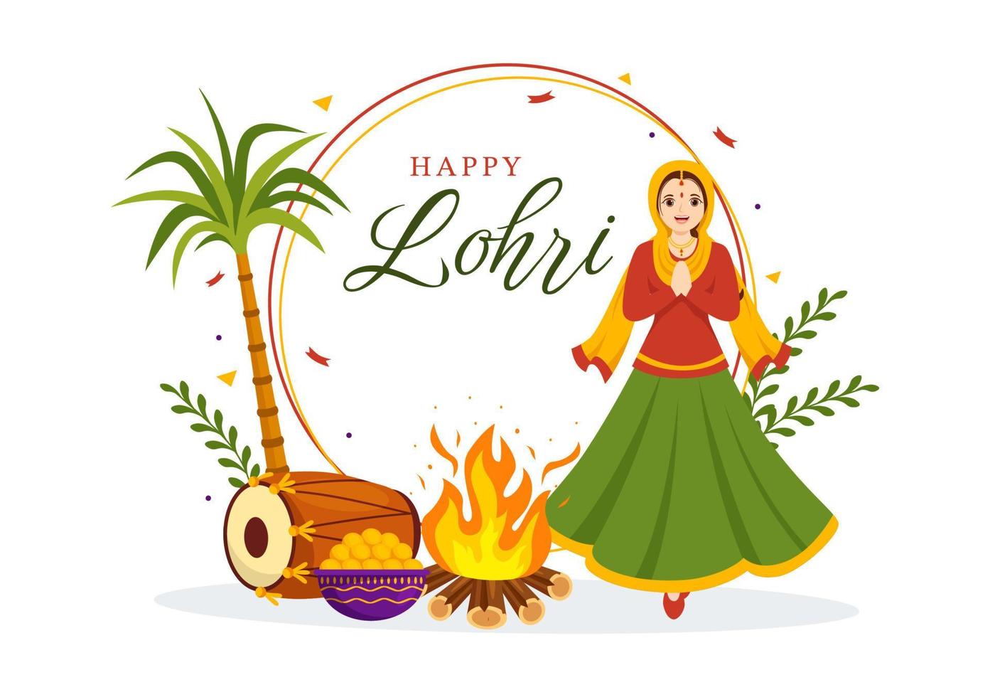 Happy Lohri Festival of Punjab India Illustration with Playing Dance and Celebration Bonfire in Flat Cartoon Hand Drawn for Landing Page Templates vector