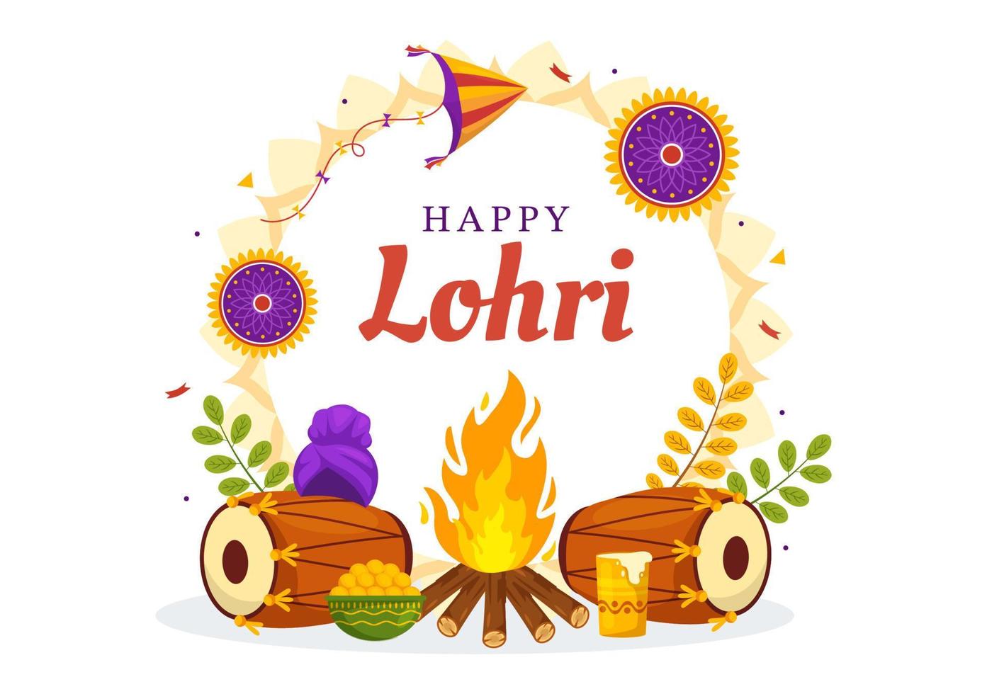 Happy Lohri Festival of Punjab India Illustration with Playing Dance and Celebration Bonfire in Flat Cartoon Hand Drawn for Landing Page Templates vector