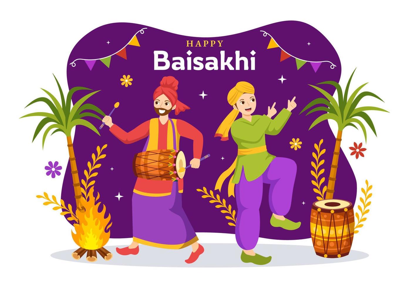 Happy Baisakhi Illustration with Vaisakhi Punjabi Spring Harvest Festival of Sikh celebration in Flat Cartoon Hand Drawn for Landing Page Templates vector
