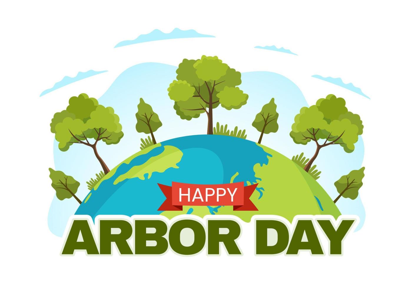 Happy Arbor Day on April 28 Illustration with Green Tree, Garden Tools and Nature Environment in Flat Cartoon Hand Drawn for Landing Page Templates vector