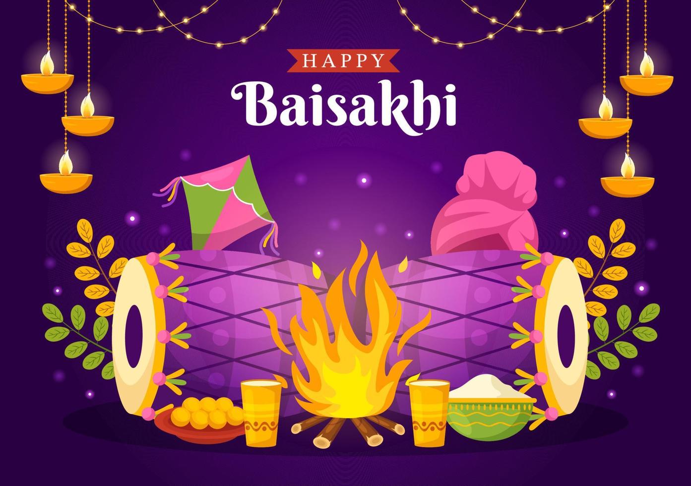 Happy Baisakhi Illustration with Vaisakhi Punjabi Spring Harvest Festival of Sikh celebration in Flat Cartoon Hand Drawn for Landing Page Templates vector