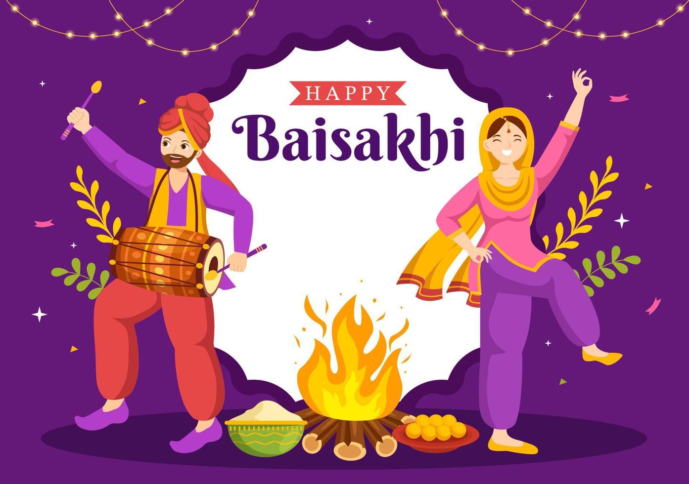 Happy Baisakhi Illustration with Vaisakhi Punjabi Spring Harvest Festival of Sikh celebration in Flat Cartoon Hand Drawn for Landing Page Templates vector