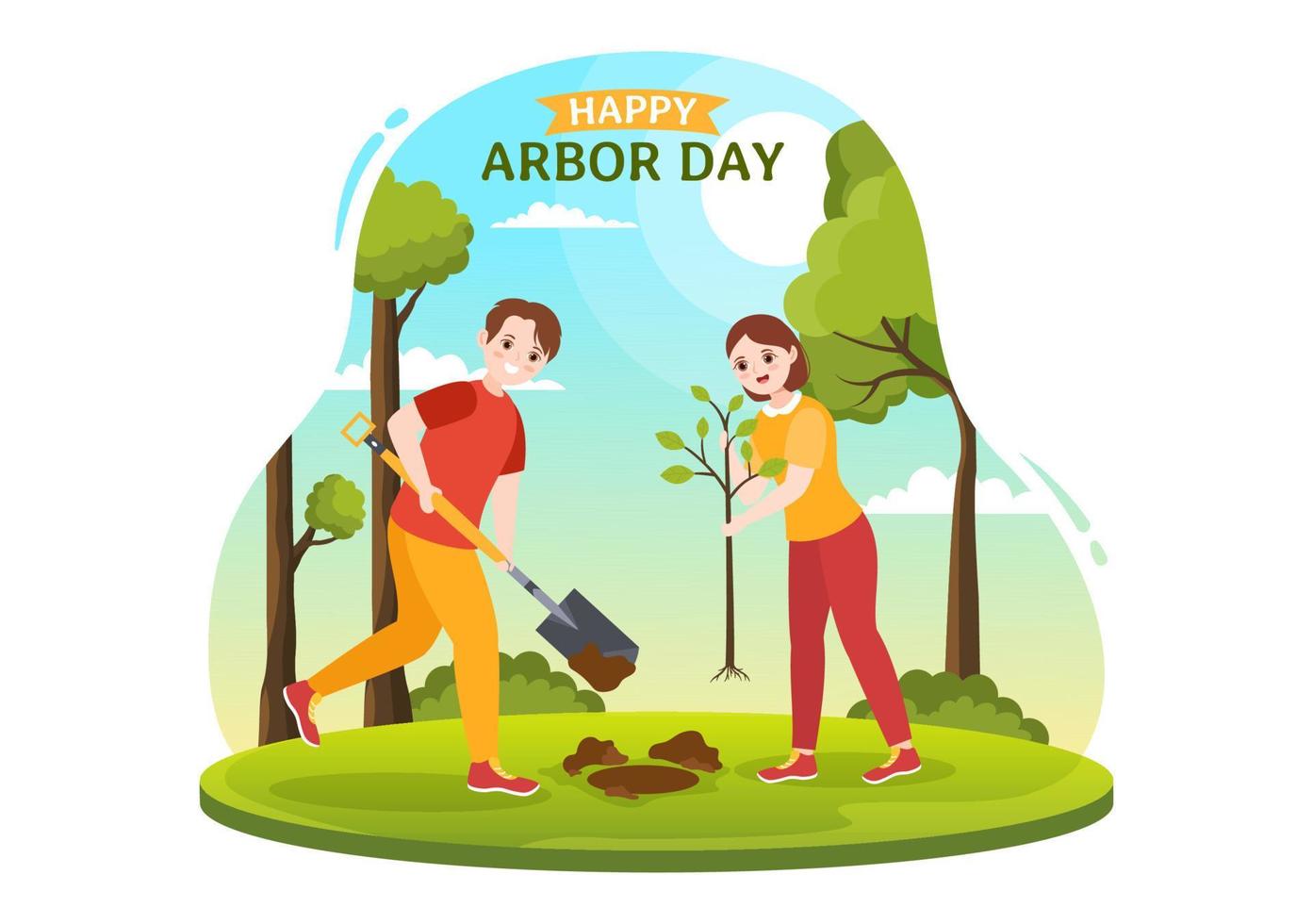 Happy Arbor Day on April 28 Illustration with Green Tree, Garden Tools and Nature Environment in Flat Cartoon Hand Drawn for Landing Page Templates vector