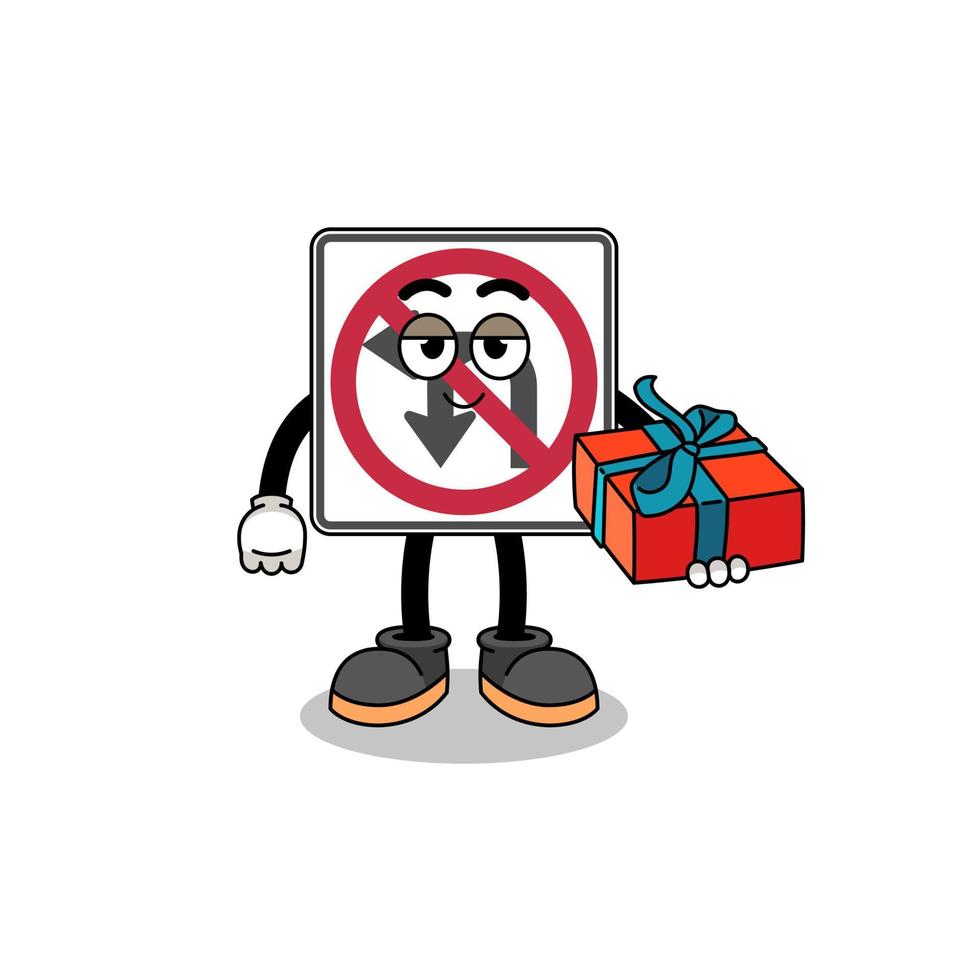 no left or U turn road sign mascot illustration giving a gift vector
