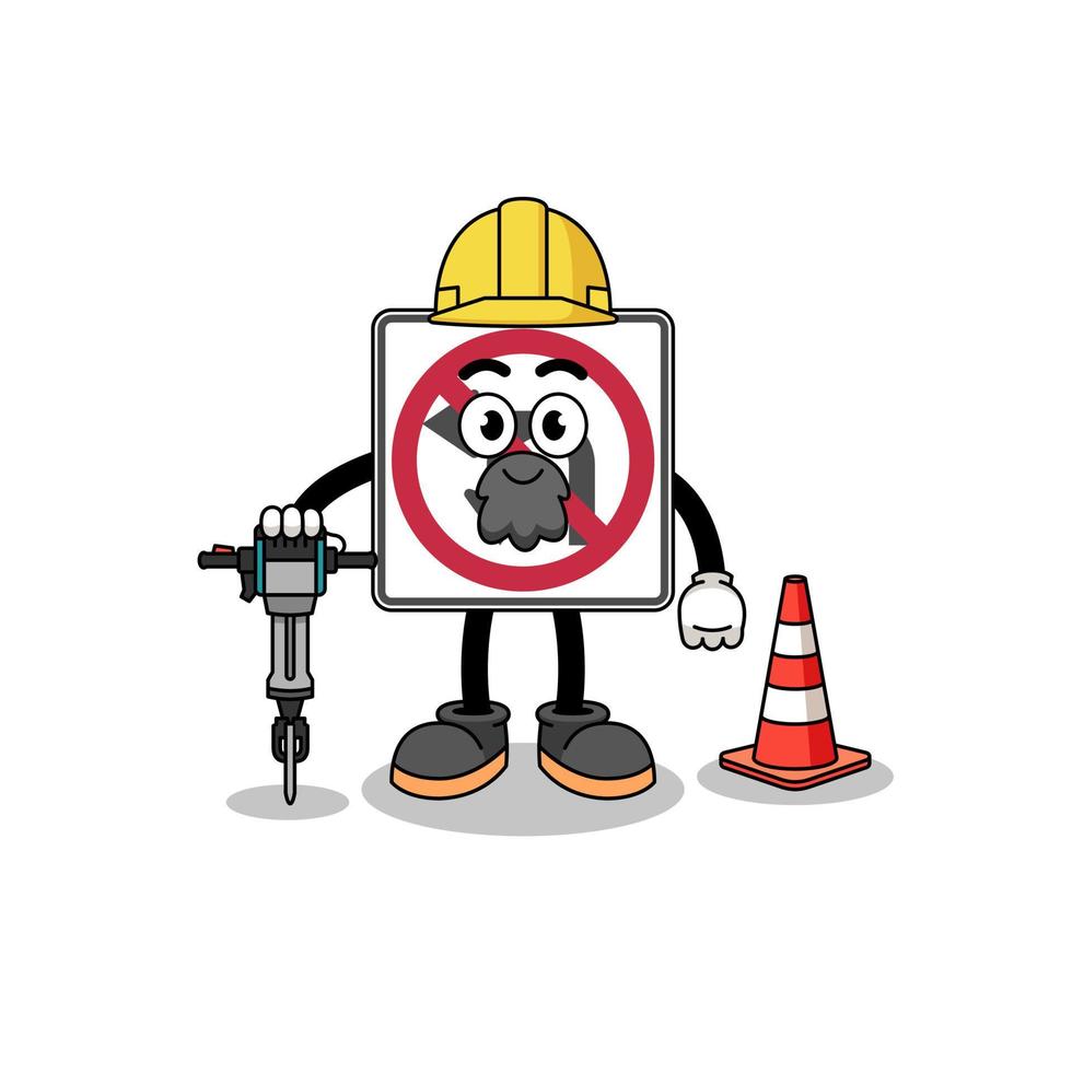 Character cartoon of no left or U turn road sign working on road construction vector