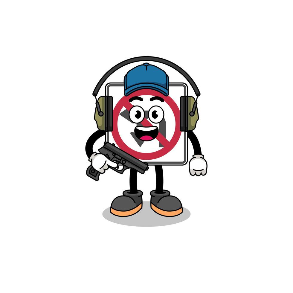 Character mascot of no left or U turn road sign doing shooting range vector
