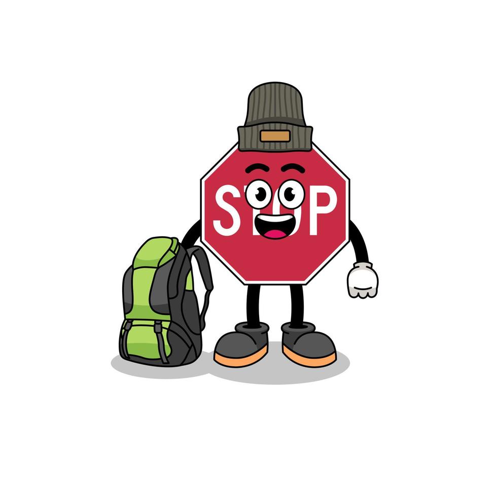 Illustration of stop road sign mascot as a hiker vector