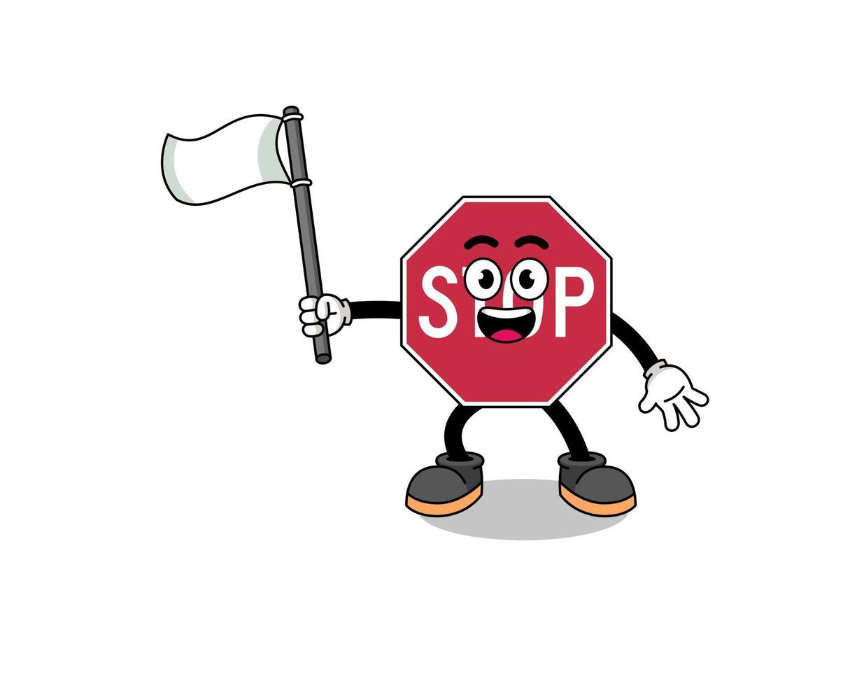 Cartoon Illustration of stop road sign holding a white flag vector