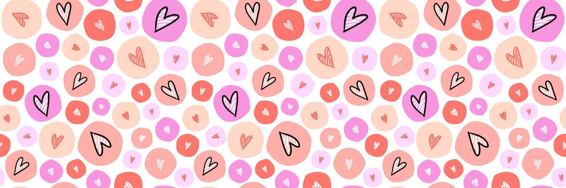 Colorful bubbles with sketch Hearts seamless pattern. Girlish design for surface, textile, wrapping, postcard, invitation. Valentines Day print. Vector illustration.