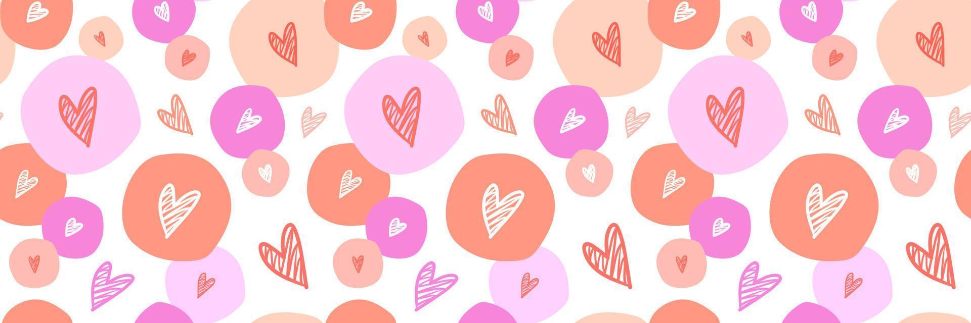 Colorful circles with hand drawn Hearts seamless pattern. Girlish design fashion print. Valentines Day wallpaper. Vector illustration.