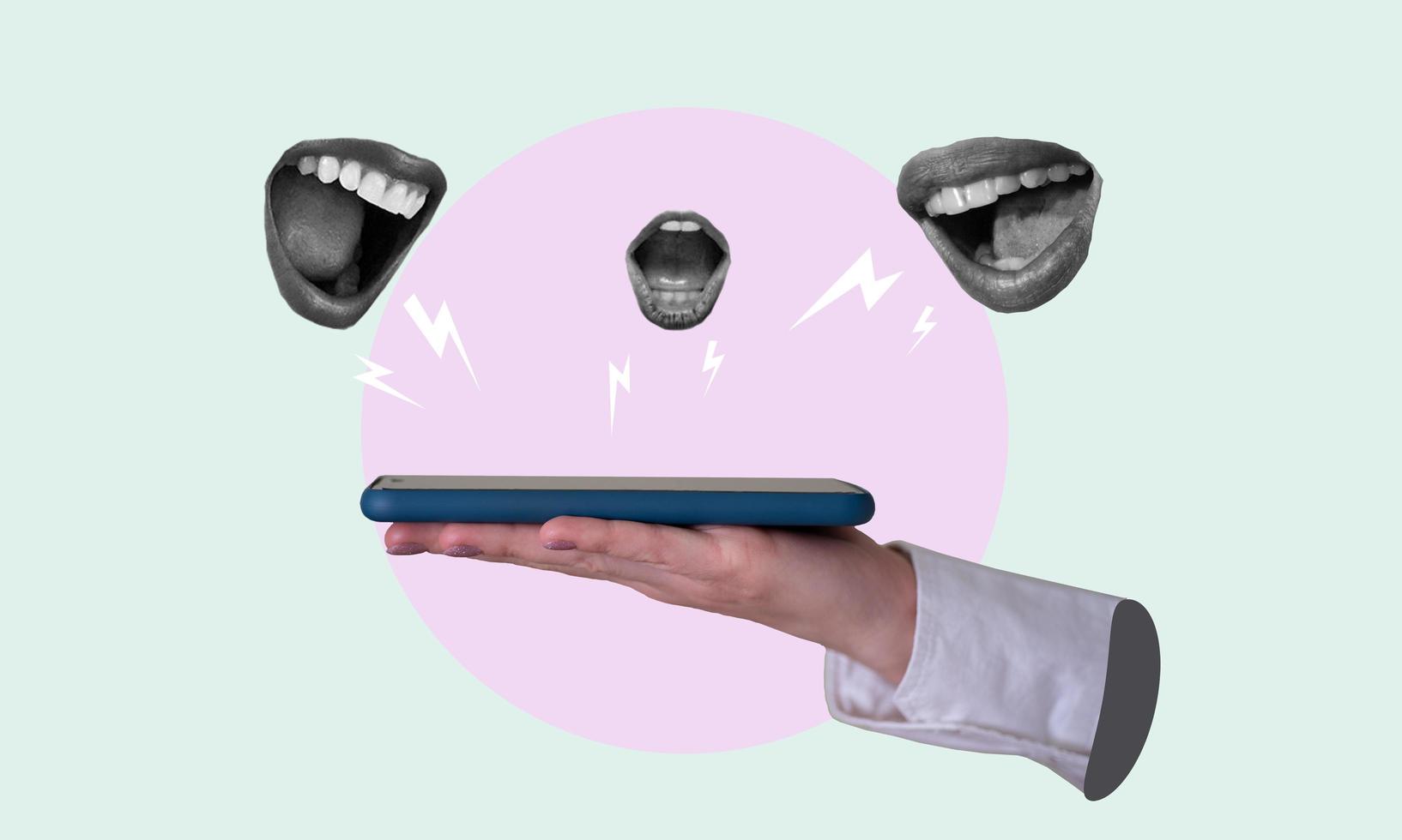 Art collage, the lips of a woman talking on a mobile phone against a light-coloured background. photo