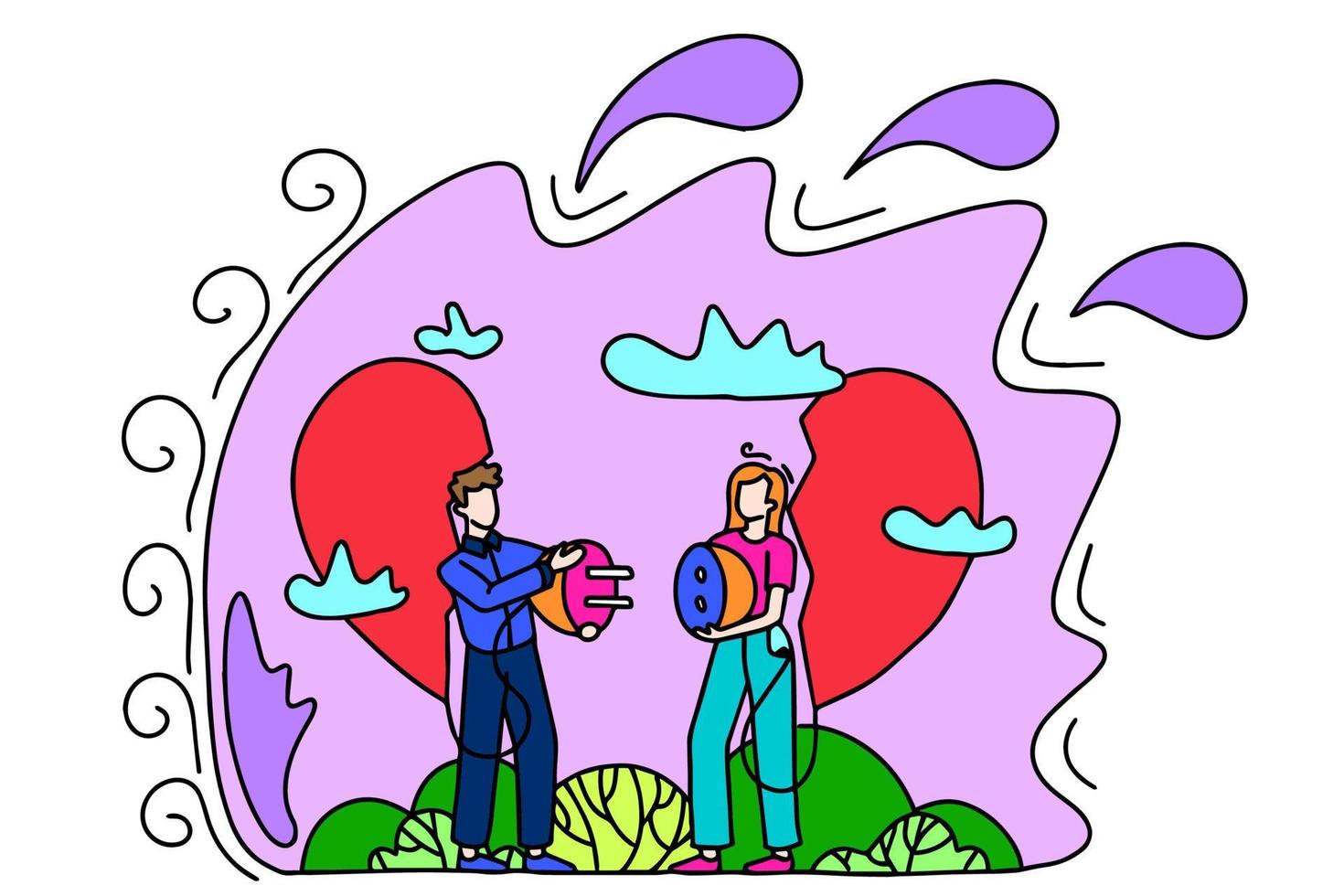 A couple in love is trying to connect the halves of the heart with a socket and a plug. Congratulations on Valentine's Day and March 8th. This is a vector picture in the style of a comic book