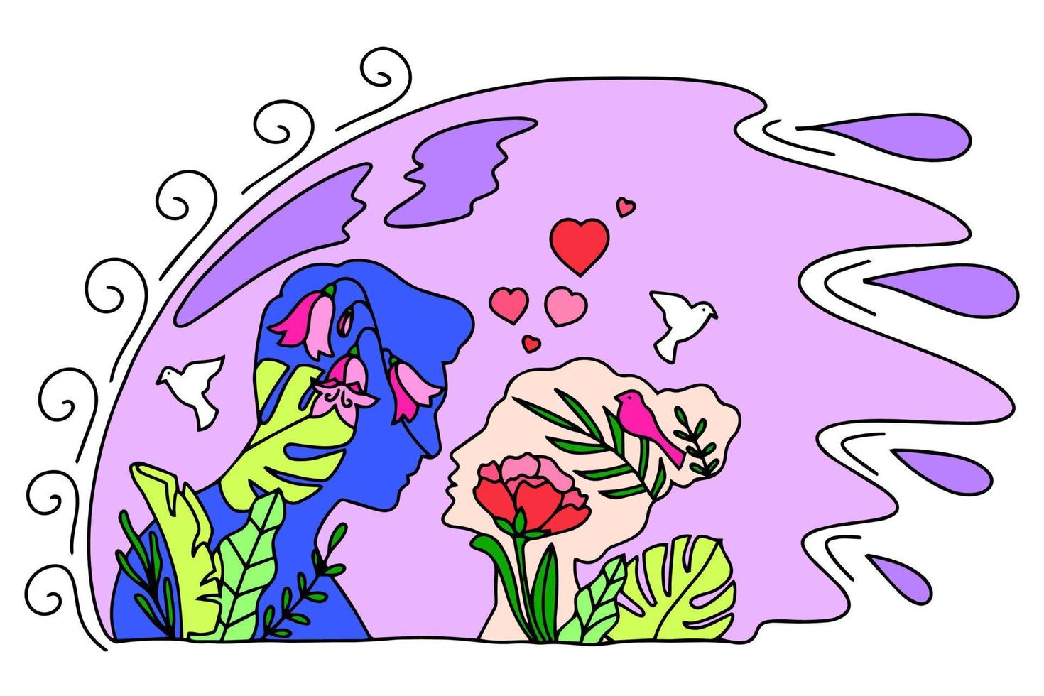 Silhouette of a kissing couple of flowers and birds. Congratulations on Valentine's Day and March 8th. This is a vector picture in the style of a comic book