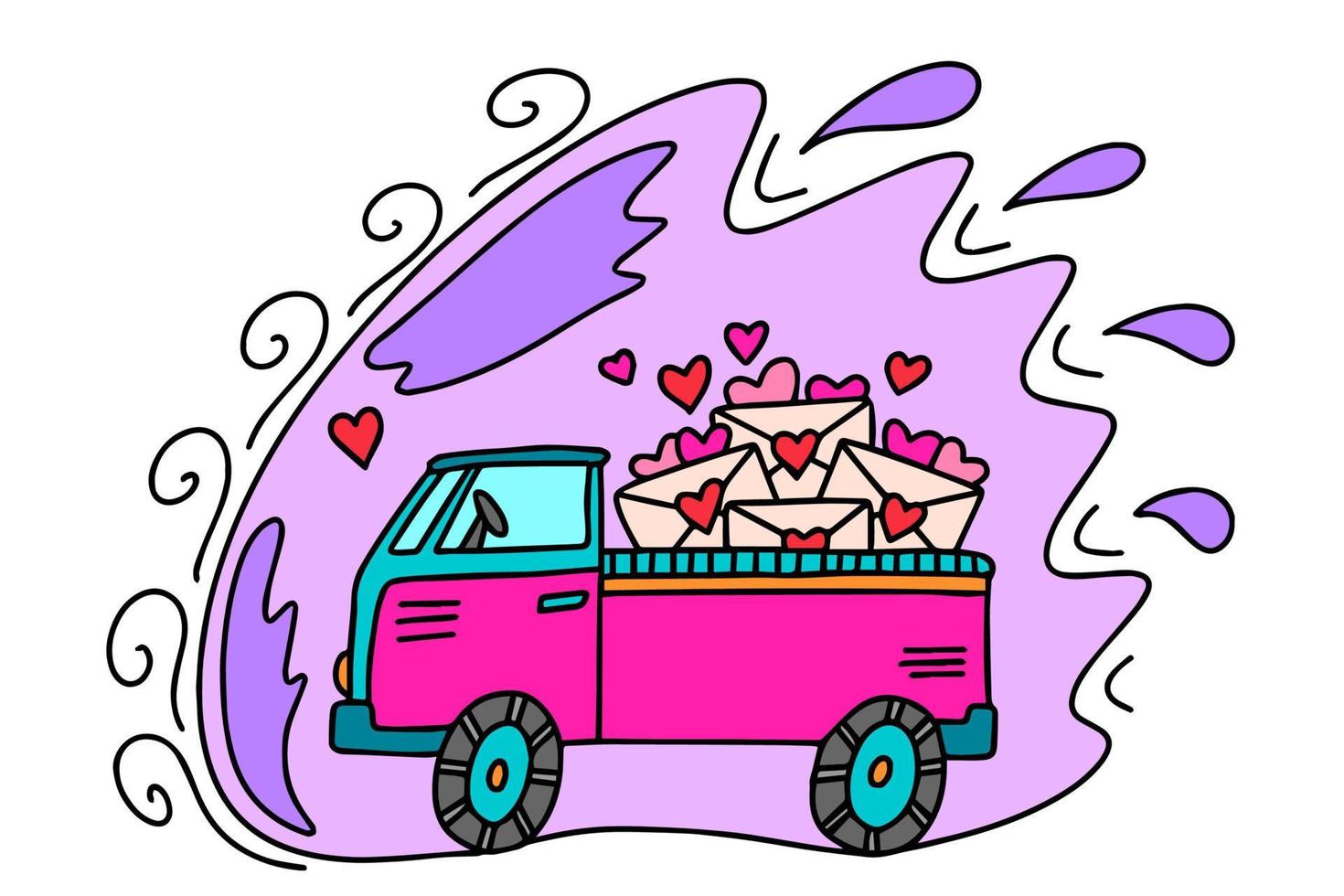 The car delivers letters to lovers. Congratulations on Valentine's Day and March 8th. This is a vector picture in the style of a comic book