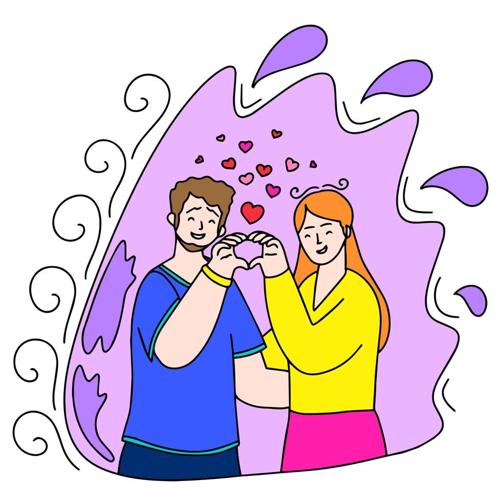 A couple in love hugs and puts their hands in the shape of a heart. Congratulations on Valentine's Day and March 8th. This is a vector picture in the style of a comic book