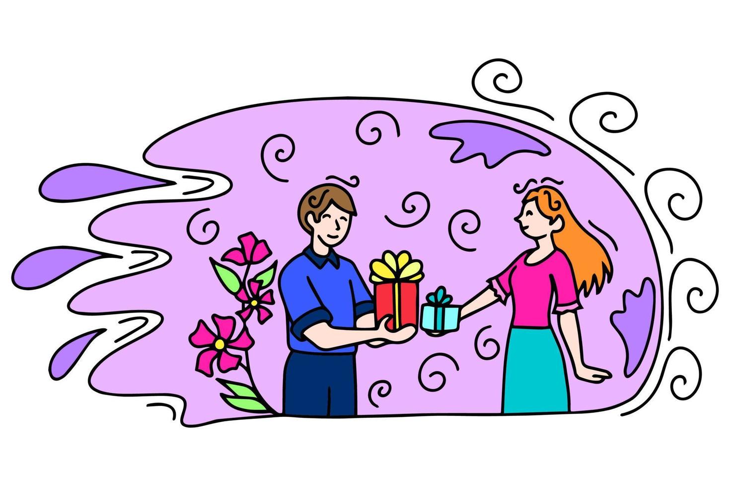 un joven Pareja en amor intercambios regalos. Felicidades en San Valentín día y marzo 8vo. esta es un vector imagen en el estilo de un cómic libro