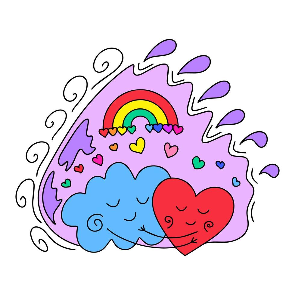 The heart embraces the cloud under the rainbow. Congratulations on Valentine's Day. This is a vector picture in the style of a comic book