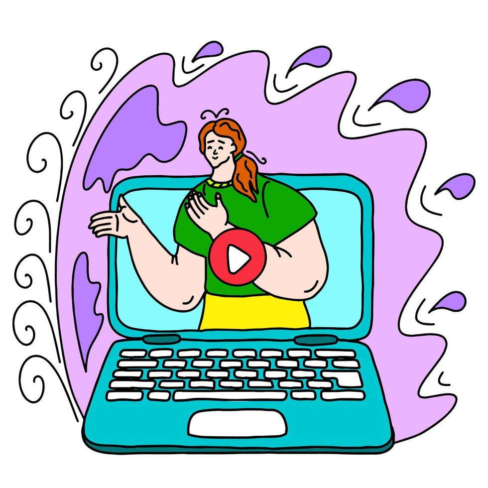 This is a vector picture in the style of a comic book on a laptop screen with a blogger
