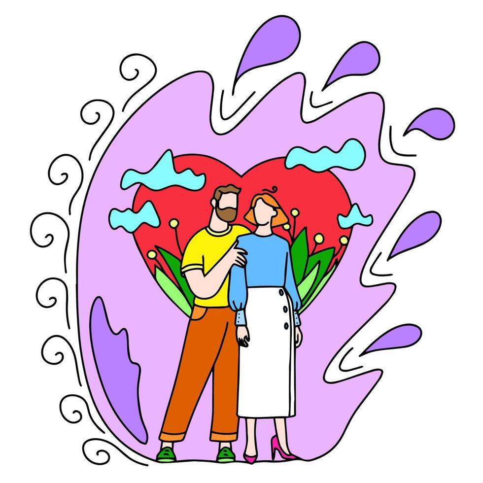 An adult couple in love embraces against the background of a heart. Congratulations on Valentine's Day and March 8th. This is a vector picture in the style of a comic book