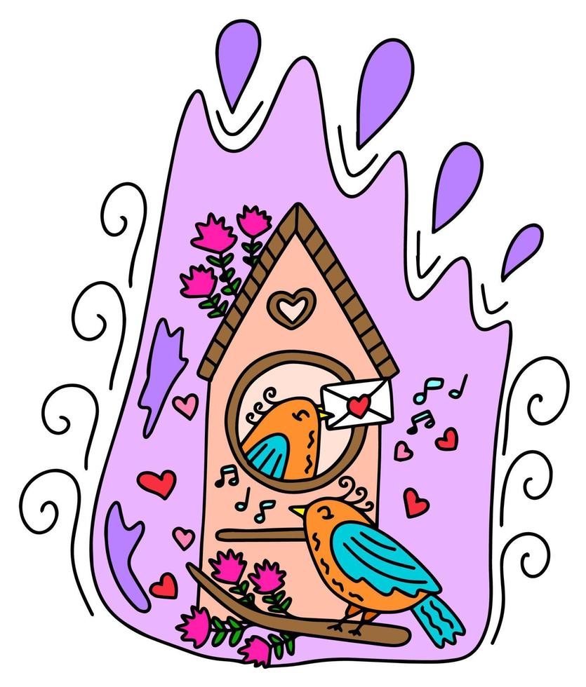 Birds in love sing and give a letter of love in the birdhouse. Congratulations on Valentine's Day and March 8th. This is a vector picture in the style of a comic book