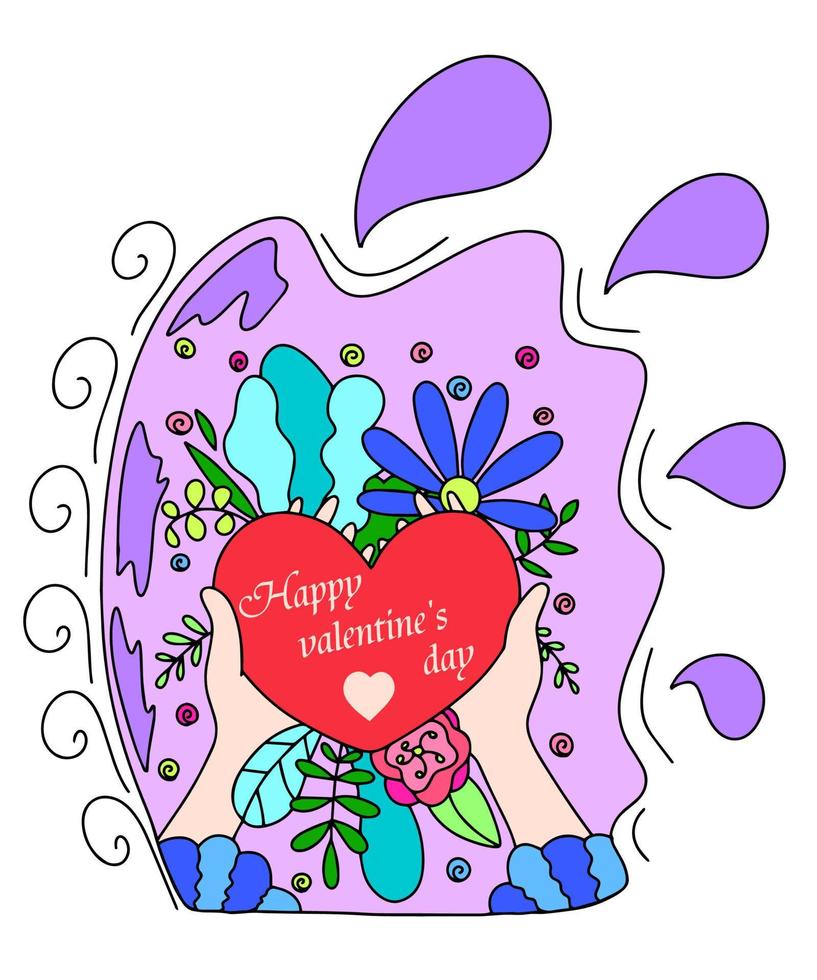 Hands holding a heart and flowers. Congratulations on Valentine's Day and March 8th. This is a vector picture in the style of a comic book