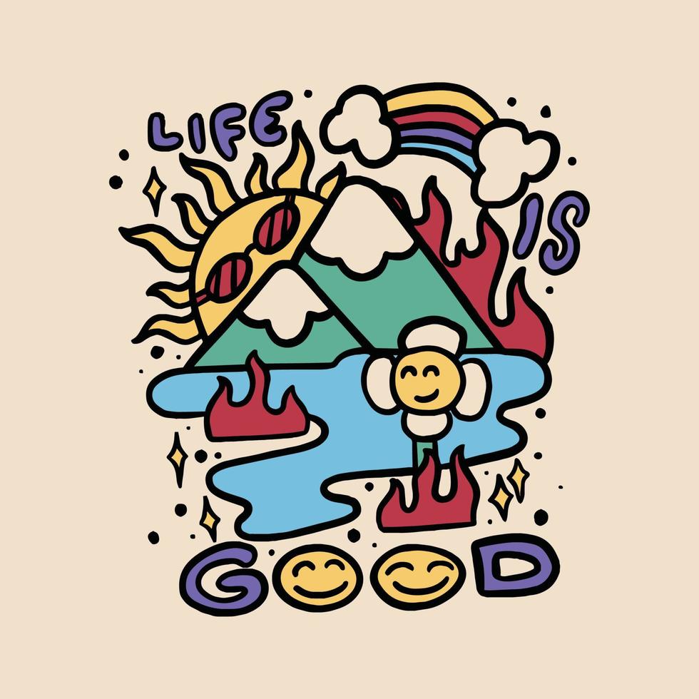 Cute hand drawn doodle vector illustration with mountains, sun, clouds, for your streetwear merch