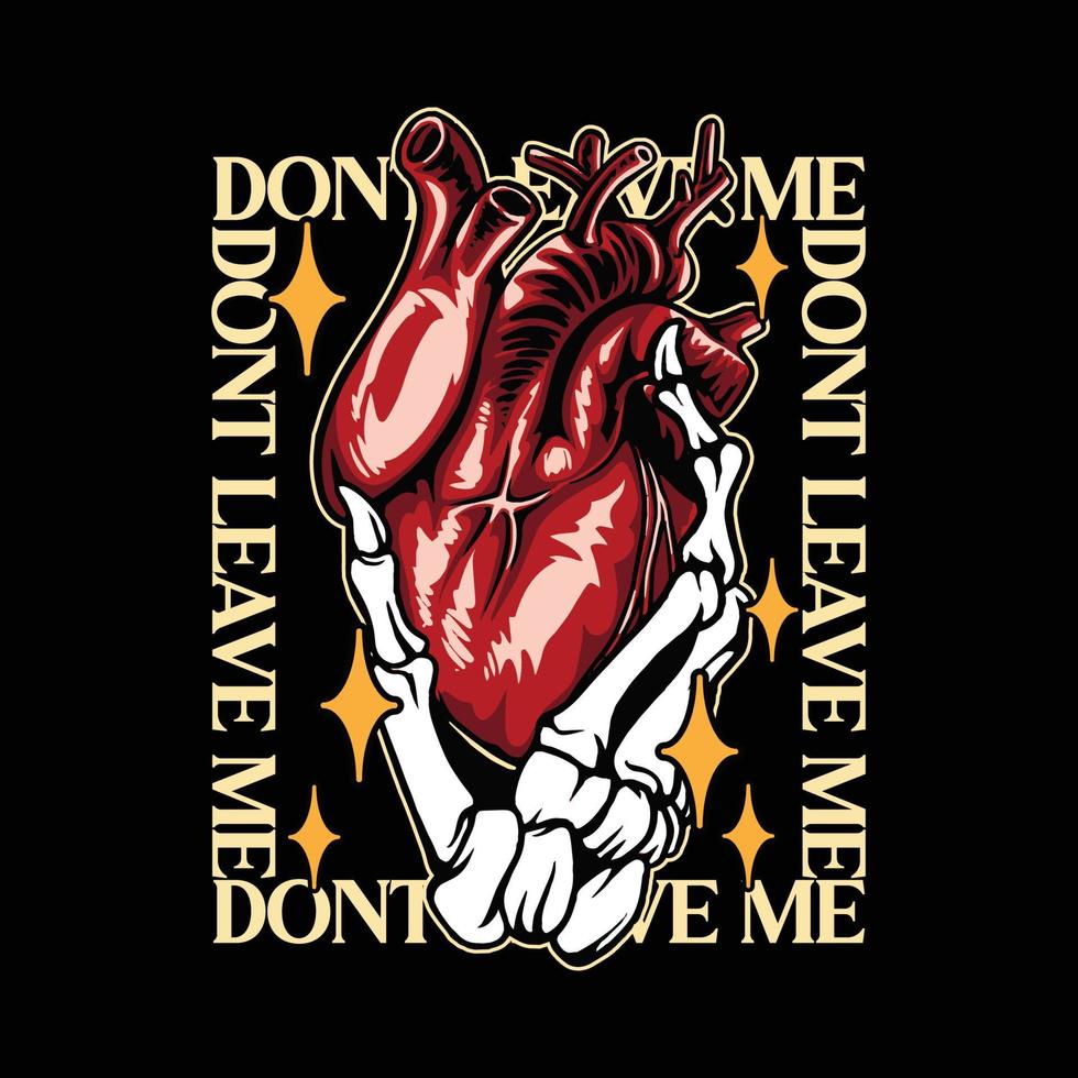 Vector illustration of human heart with bones on black background. Design for streetwear merch