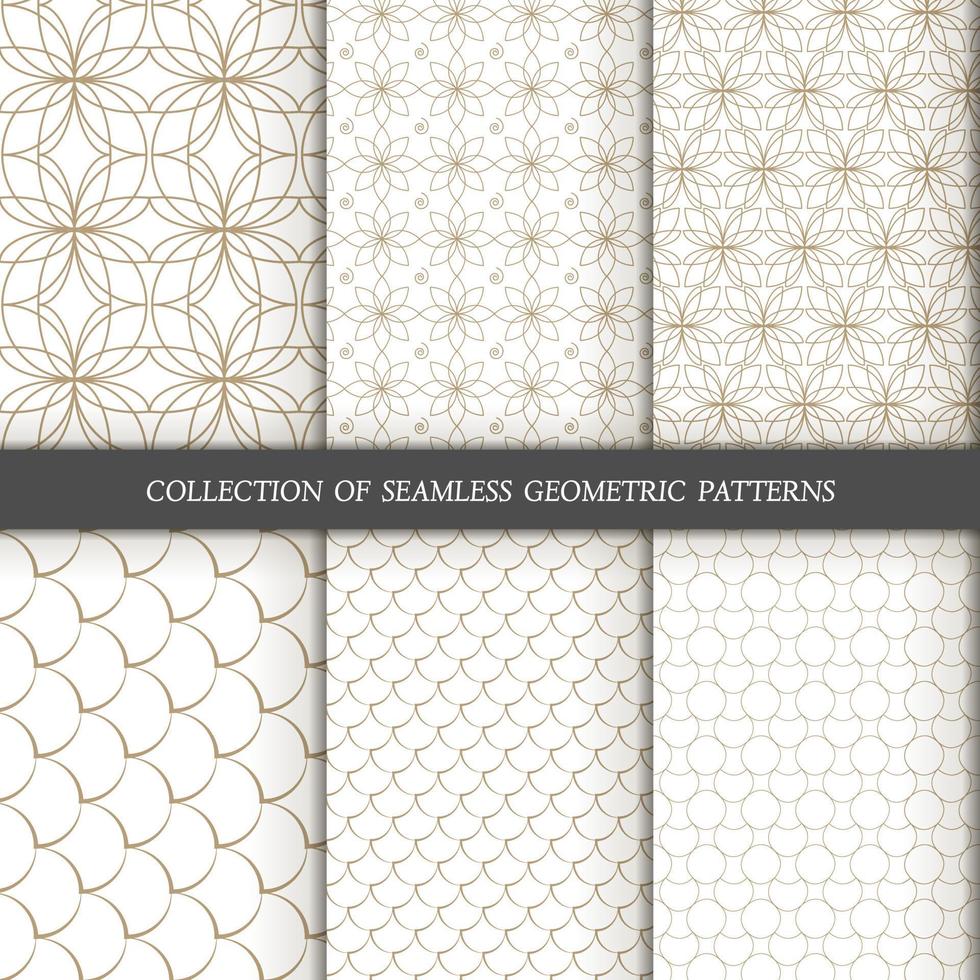 Set of 6 vector seamless patterns. Ornamental gold patterns on a white background.