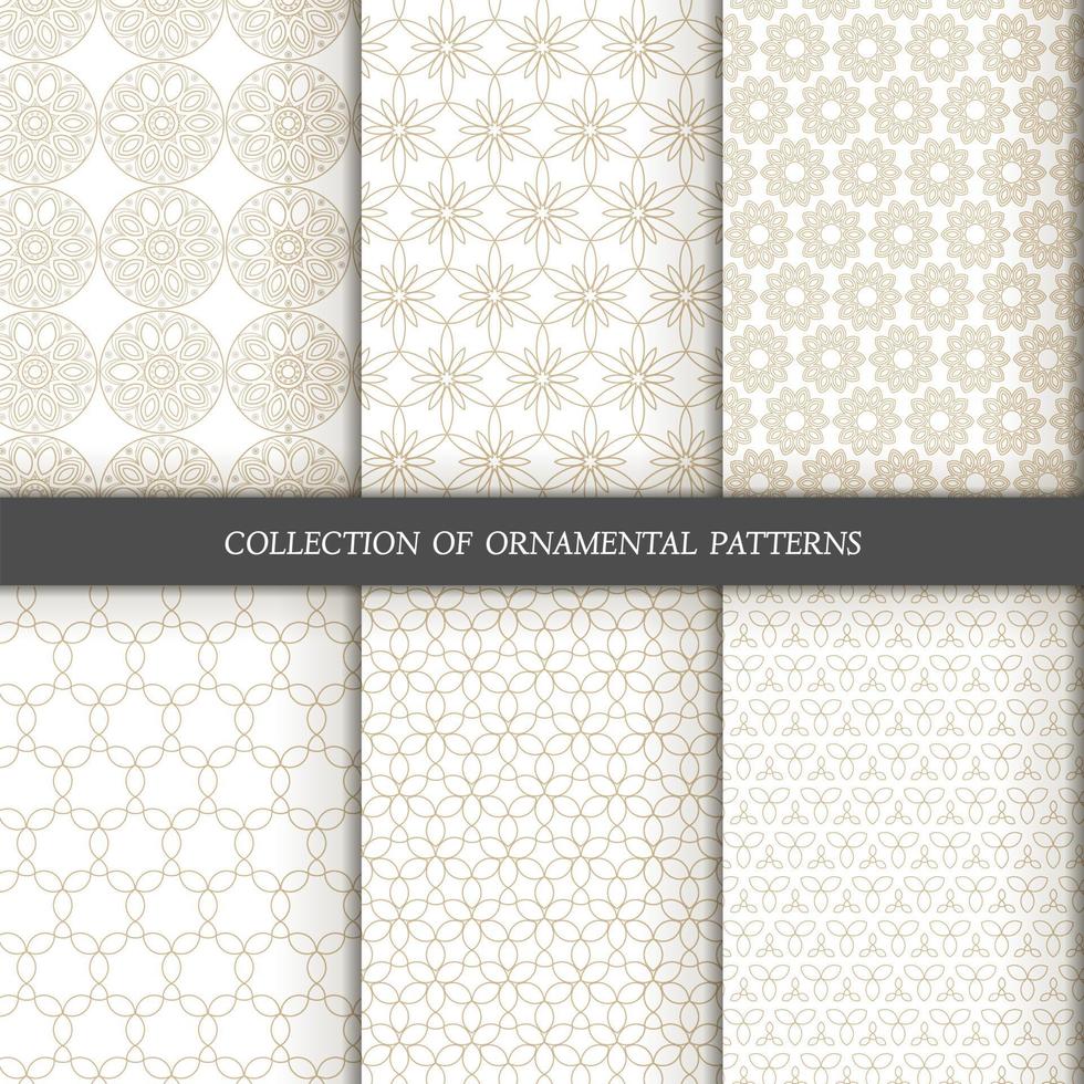 Set of 6 vector seamless patterns. Ornamental gold patterns on a white background.