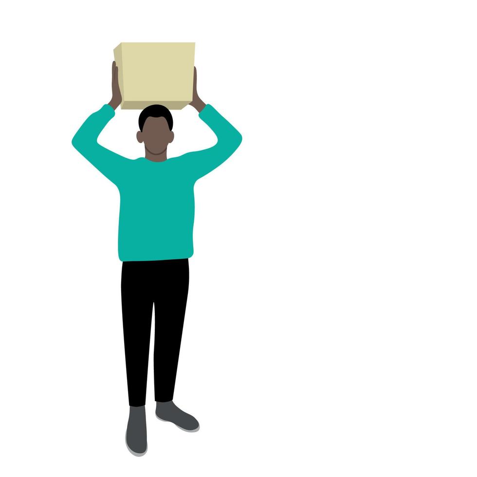 The black guy holds a big box with two hands above his head, flat vector, isolated on white, faceless illustration, delivery, moving vector