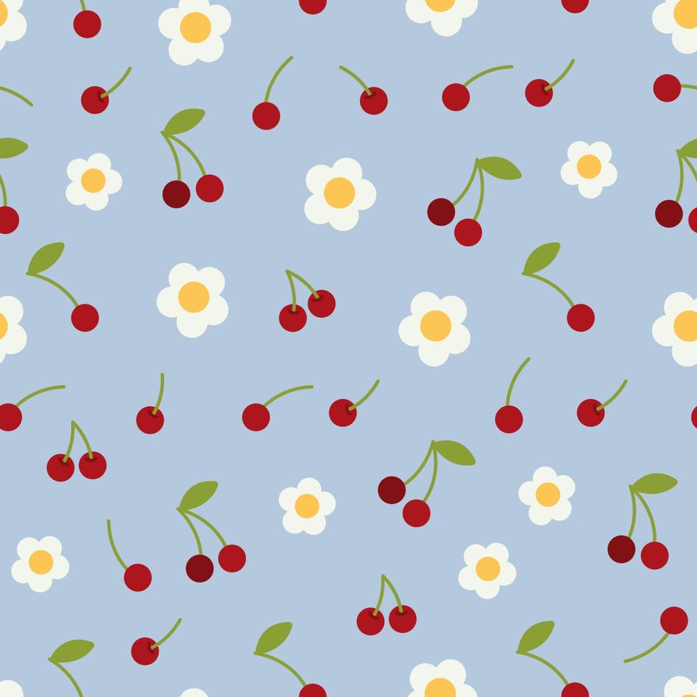 Seamlss vecor pattern wih simple cherry berries and flowers vector