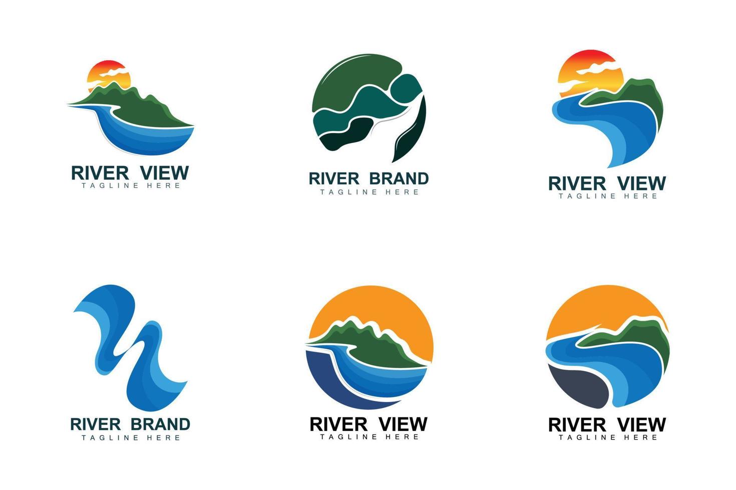 diseño del logo del río, vector de la cala del río, ilustración de la orilla del río con una combinación de montañas y naturaleza, marca de producto