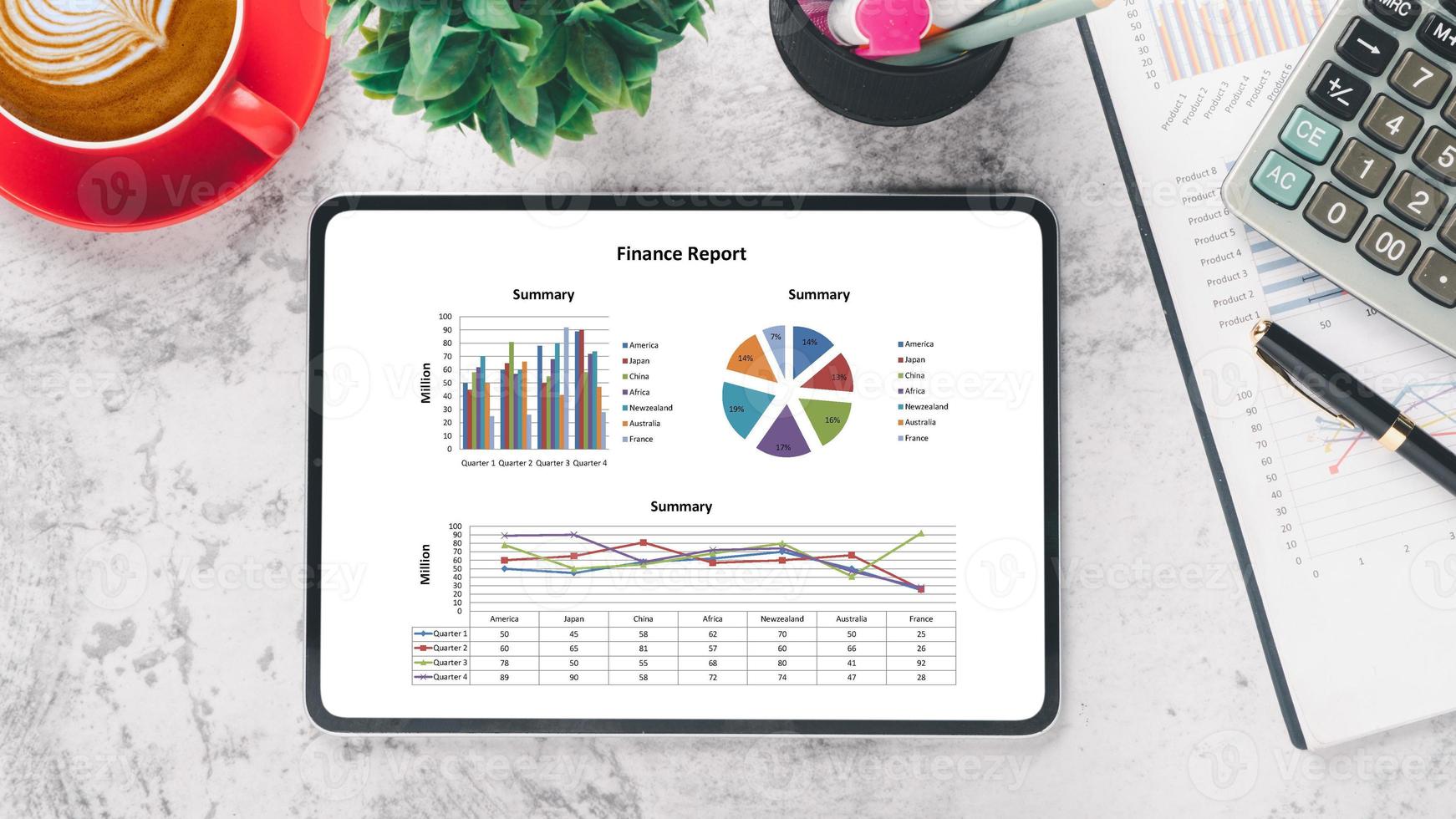 Tablet with charts and reports on office desk workplace. Top view flat lay photo