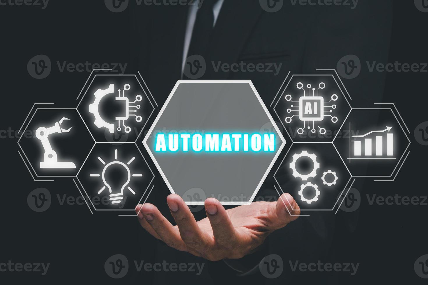 Automation business technology concept, Person hand holding automation technology icon on VR screen, software development, Business process and technology. photo