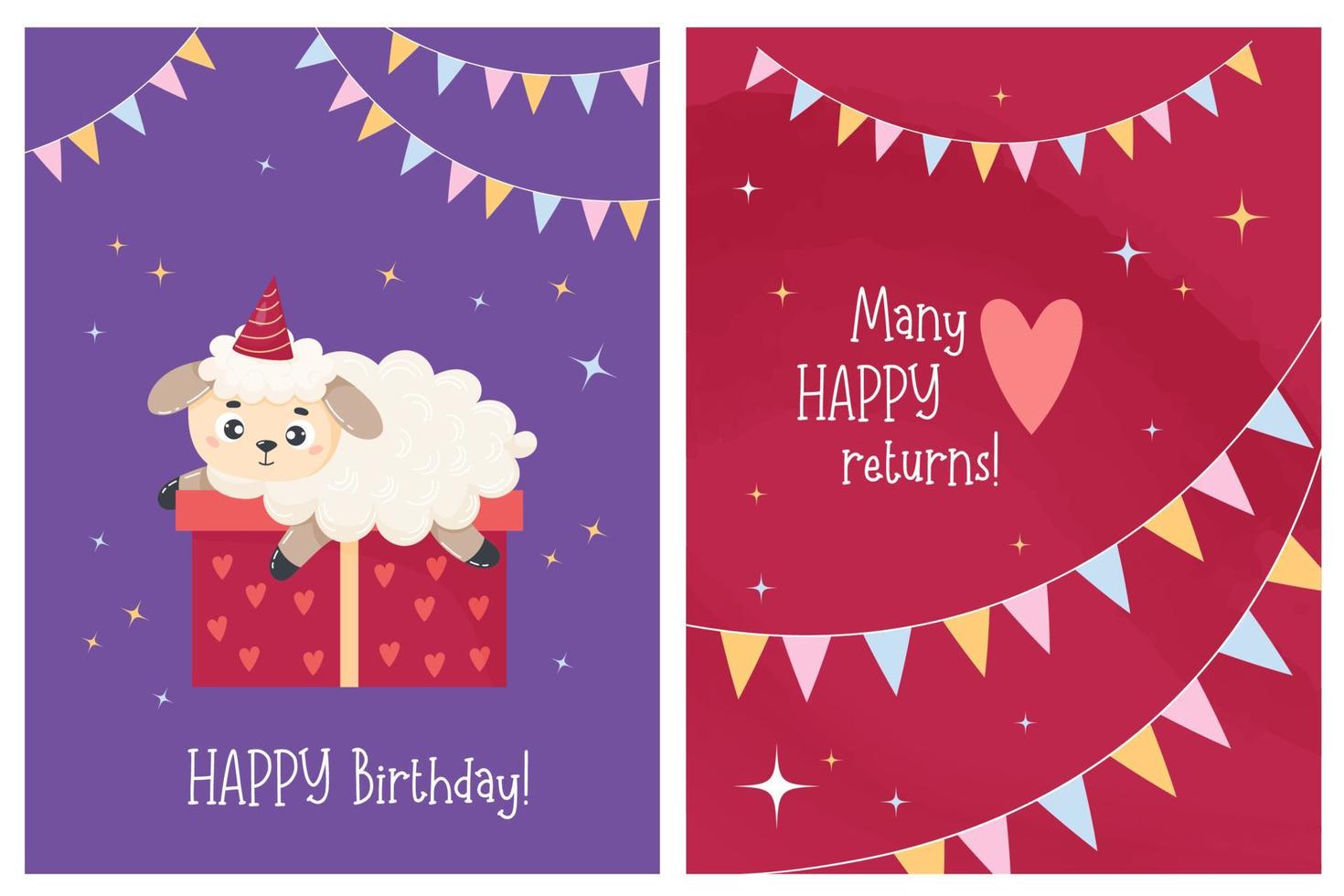 Cute sheep in birthday hat lies on gift box. Cool collection greeting vertical cards Happy birthday. Vector illustration in cartoon flat style.