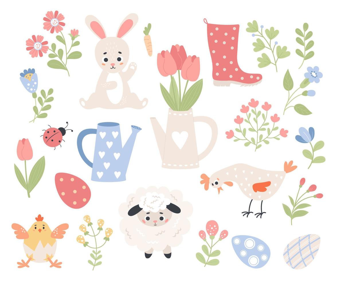 Spring Easter collection. Easter Bunny, Sheep, Chicken and Rooster, Eggs and Flowers, Rubber Boot and Watering Can. Vector flat cartoon elements for design, decor and kids collection.