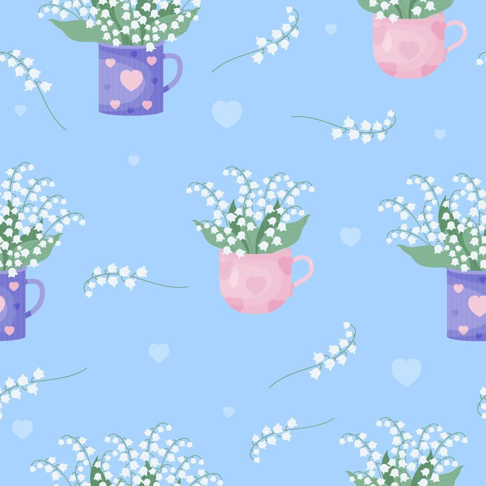 Floral Seamless pattern. Bouquets flowers May lilies of the valley in cup on blue background. Vector illustration. Spring pattern with forest flowers for design, packaging, wallpaper and decoration.