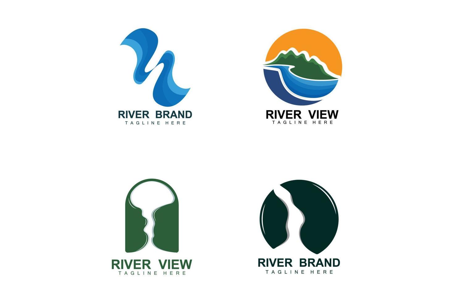 diseño del logo del río, vector de la cala del río, ilustración de la orilla del río con una combinación de montañas y naturaleza, marca de producto