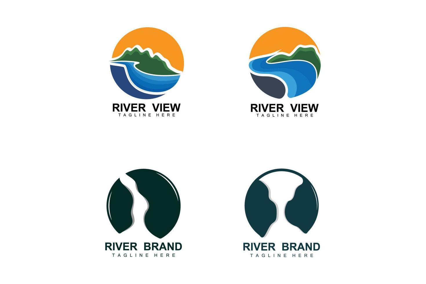 diseño del logo del río, vector de la cala del río, ilustración de la orilla del río con una combinación de montañas y naturaleza, marca de producto