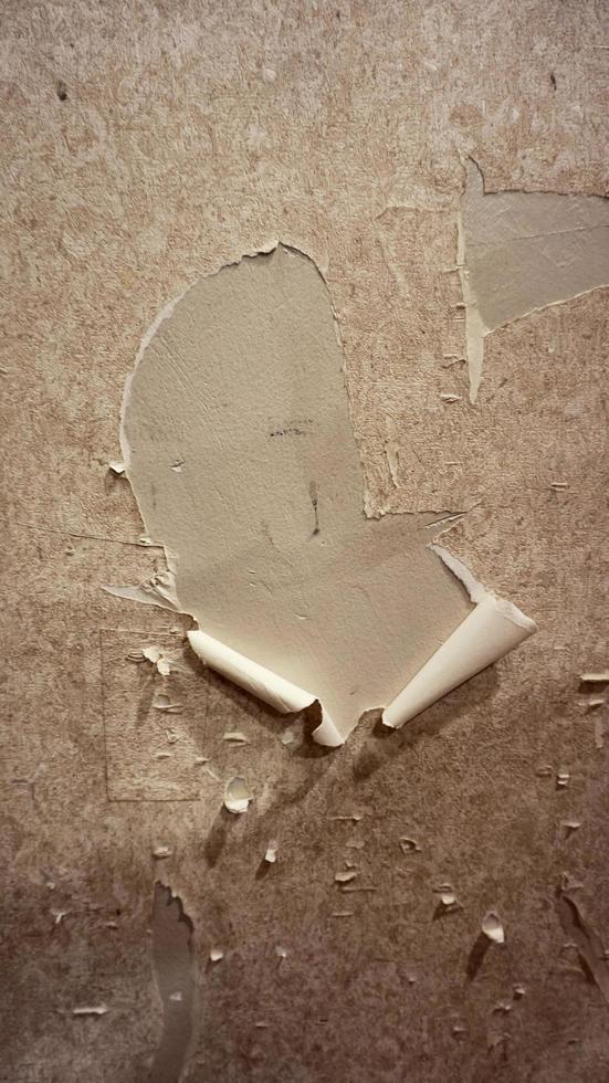 Close up of torn or ripped wallpaper. Hole in the wallpaper on the wall. Old faded floral wallpaper teared down or peeling off walls of the house for general background. Front view close up details. photo