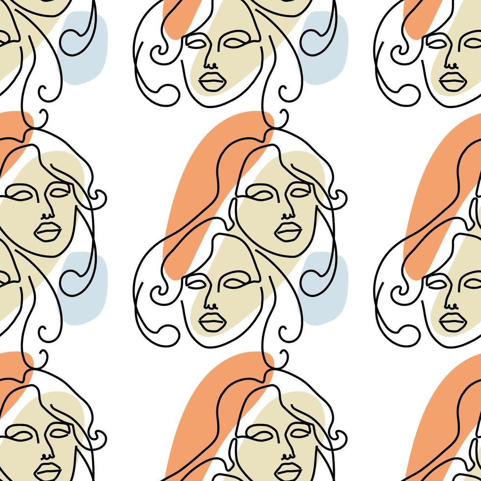 Seamless pattern with illustration woman face in a line art style on a white background vector