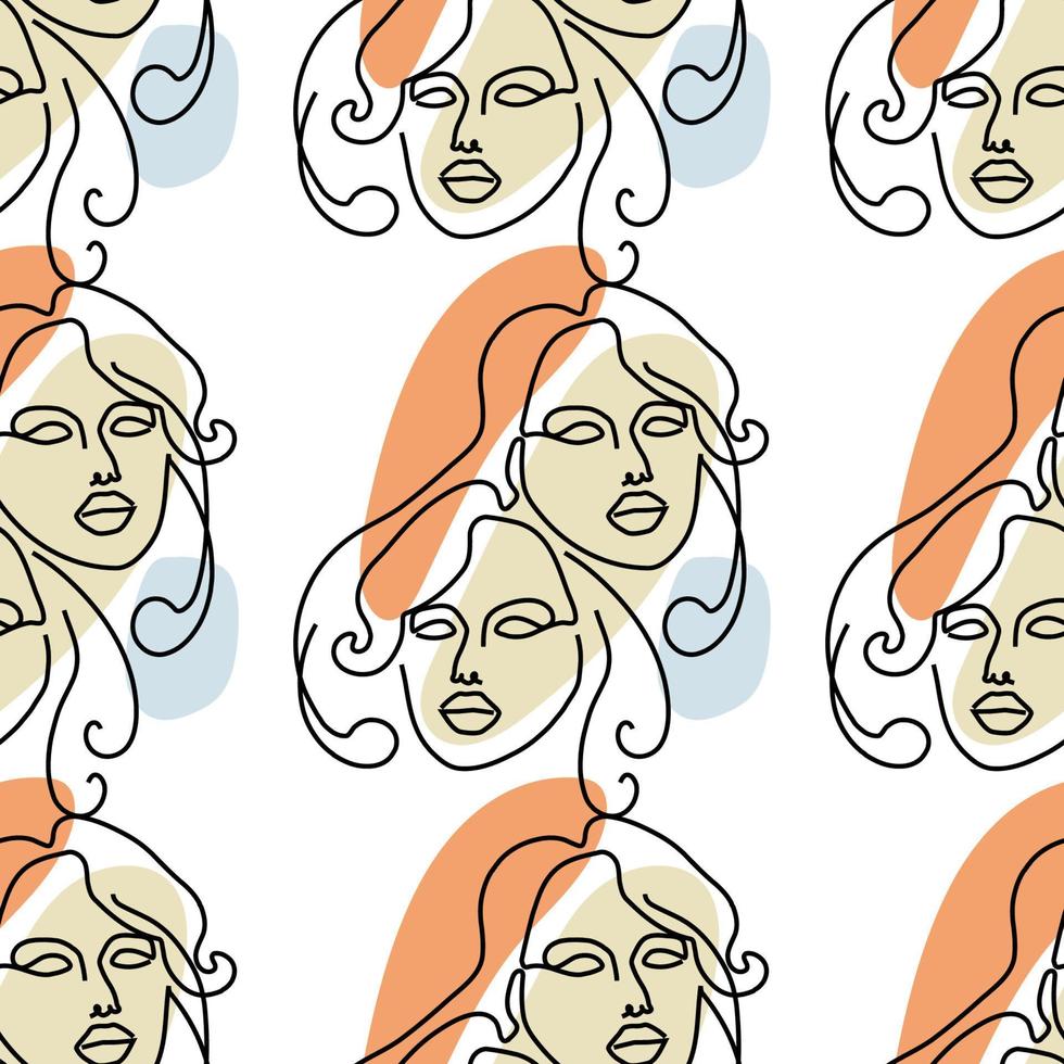 Seamless pattern with illustration woman face in a line art style on a white background vector