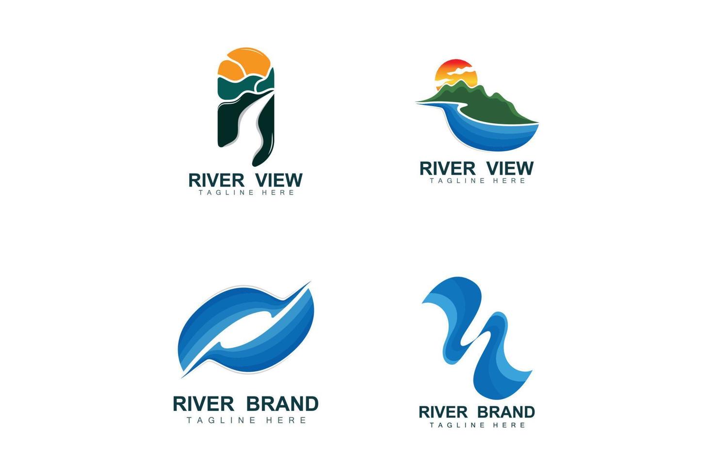 diseño del logo del río, vector de la cala del río, ilustración de la orilla del río con una combinación de montañas y naturaleza, marca de producto