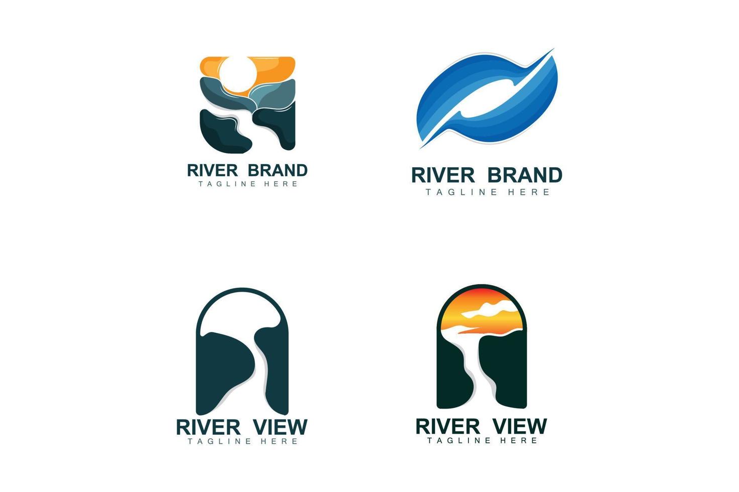 diseño del logo del río, vector de la cala del río, ilustración de la orilla del río con una combinación de montañas y naturaleza, marca de producto