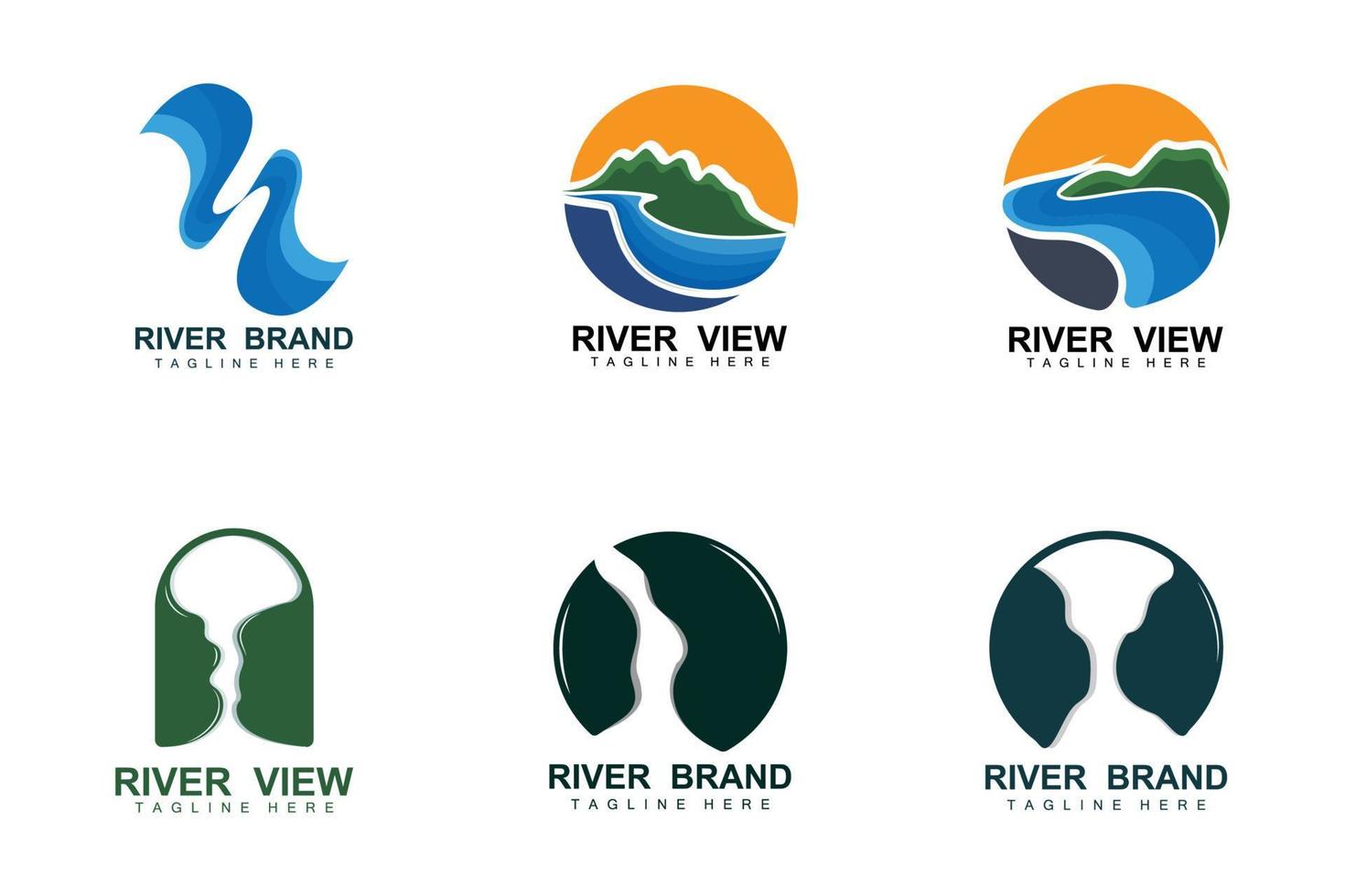 diseño del logo del río, vector de la cala del río, ilustración de la orilla del río con una combinación de montañas y naturaleza, marca de producto