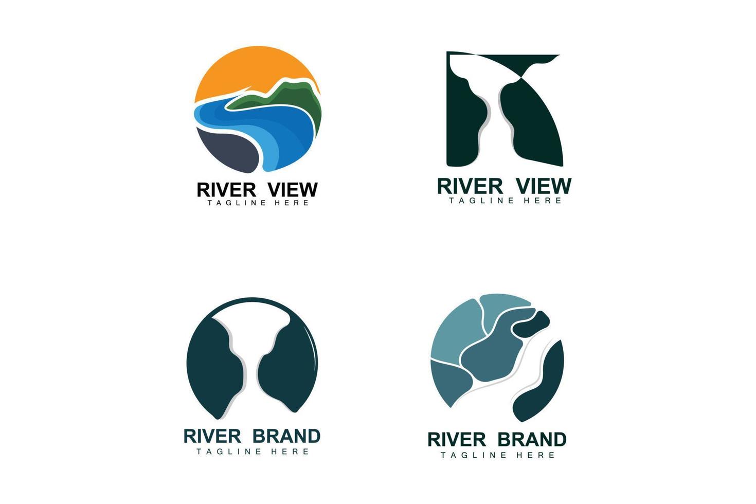 diseño del logo del río, vector de la cala del río, ilustración de la orilla del río con una combinación de montañas y naturaleza, marca de producto