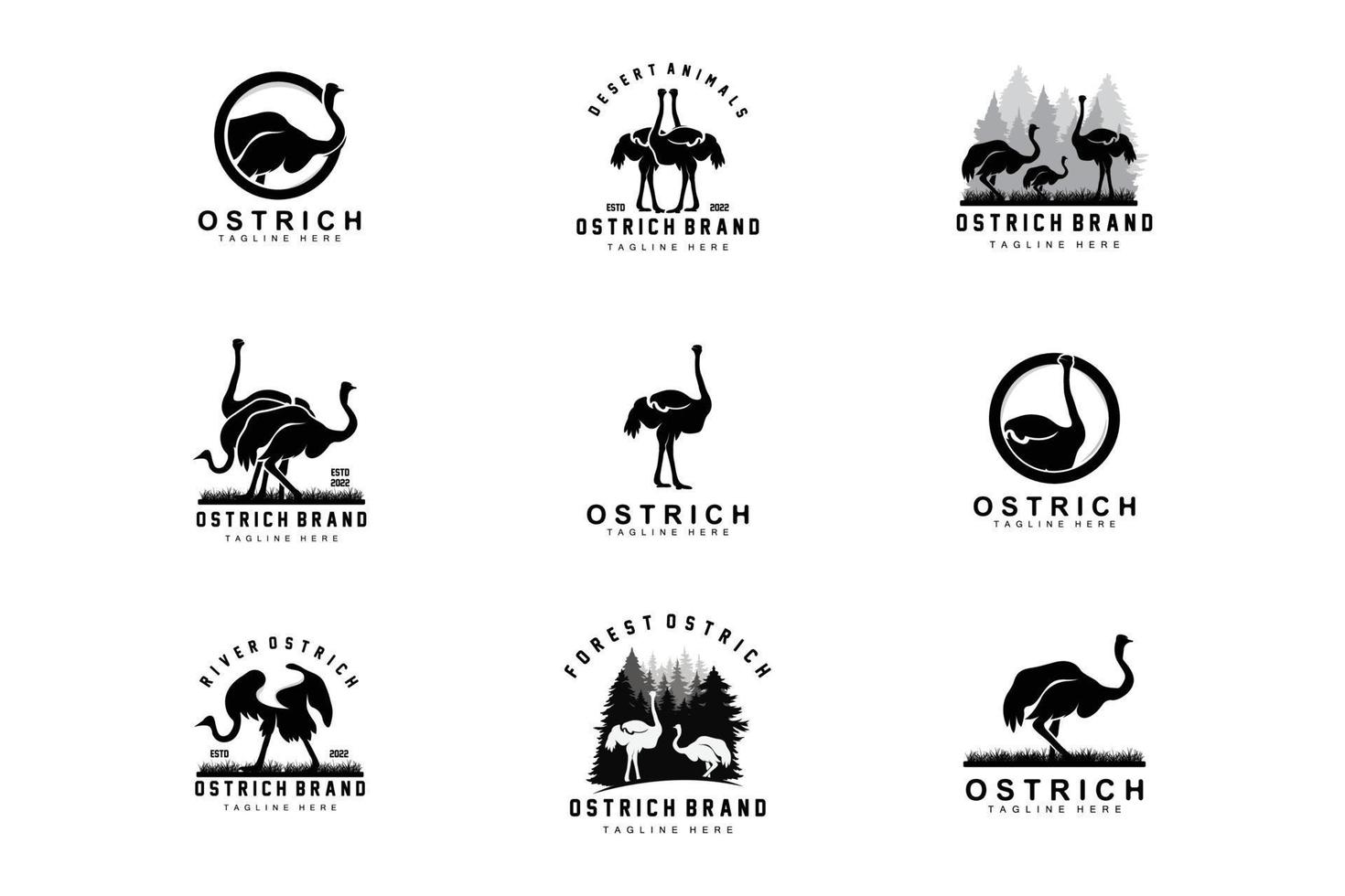 diseño de logotipo de avestruz, ilustración de animales del desierto, vida en el bosque, producto de marca de camello vectorial vector