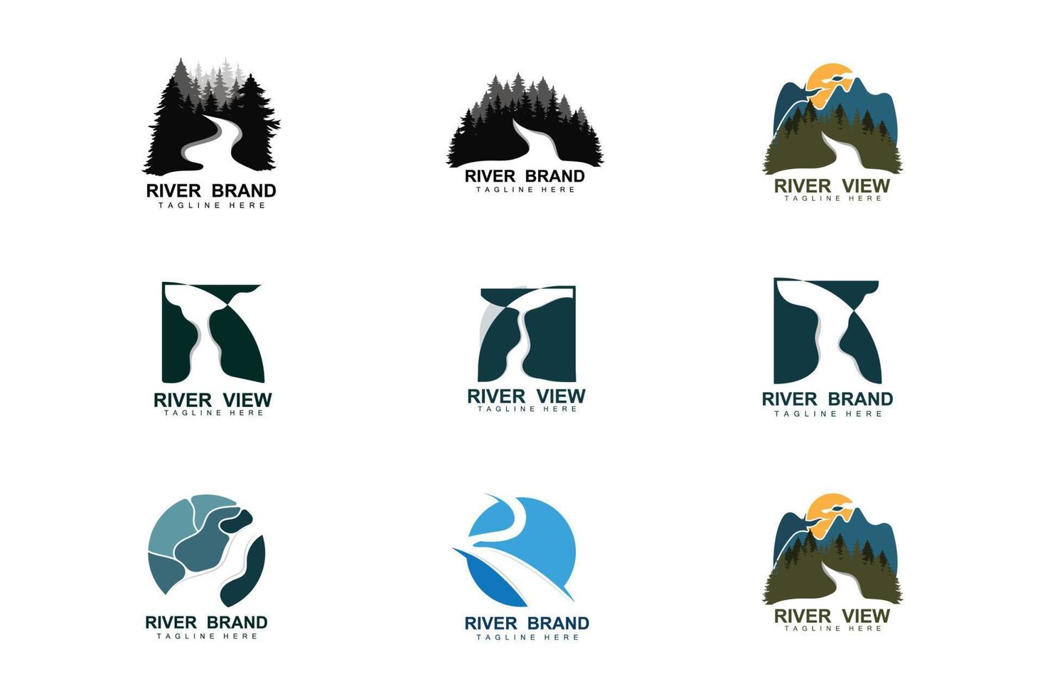 River Logo Design, River Creek Vector, Riverside Illustration With A Combination Of Mountains And Nature, Product Brand vector