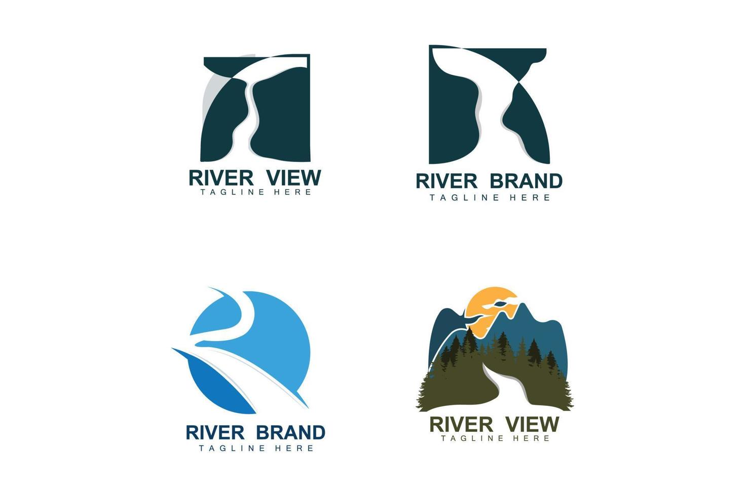 diseño del logo del río, vector de la cala del río, ilustración de la orilla del río con una combinación de montañas y naturaleza, marca de producto