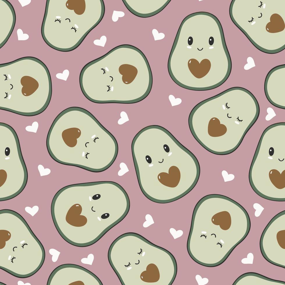 Seamless pattern with cute avocados and hearts. Print for clothing, textiles. Scandinavian cartoon doodle style. Limited pastel palette for printing. vector